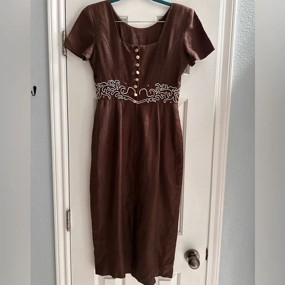 Donna Morgan Brown Midi Dress with White Embroidered Waist - Picture 1 of 9